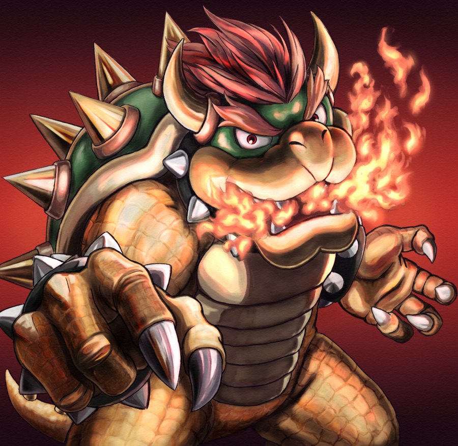1boy, amuno, bowser, claws, collar, fire, horns, male_focus, mario_(series), monster, nintendo, red_eyes, red_hair, scales, solo, spiked_collar, spikes, super_mario_bros._1, super_mario_bros._3, teeth