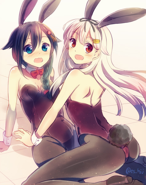 10s, 2girls, :d, animal_ears, ass, back, bad_id, bad_pixiv_id, blonde_hair, blue_hair, blush, braid, brown_hair, fake_animal_ears, hair_ornament, kantai_collection, multiple_girls, open_mouth, pantyhose, playboy_bunny, rabbit_ears, rabbit_tail, red_eyes, ribbon, shigure_(kancolle), shimamizu_eke, smile, tail, yuri, yuudachi_(kancolle)