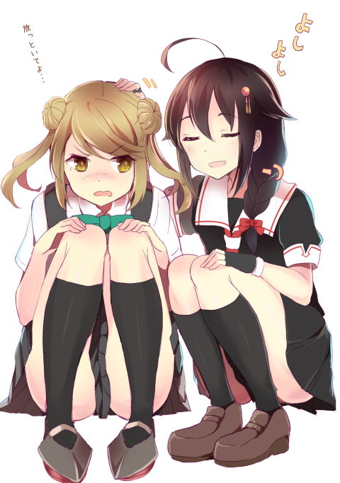 10s, 2girls, ahoge, bad_id, bad_pixiv_id, braid, brown_hair, hair_bun