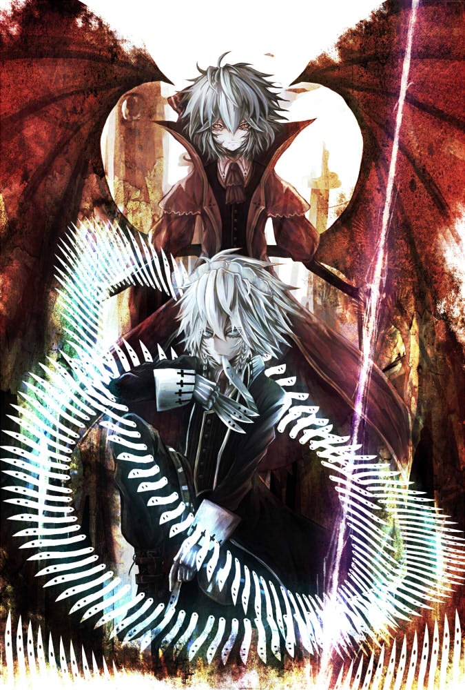 2girls, alternate_costume, bad_id, bad_pixiv_id, bat_wings, between_breasts, breasts, coat