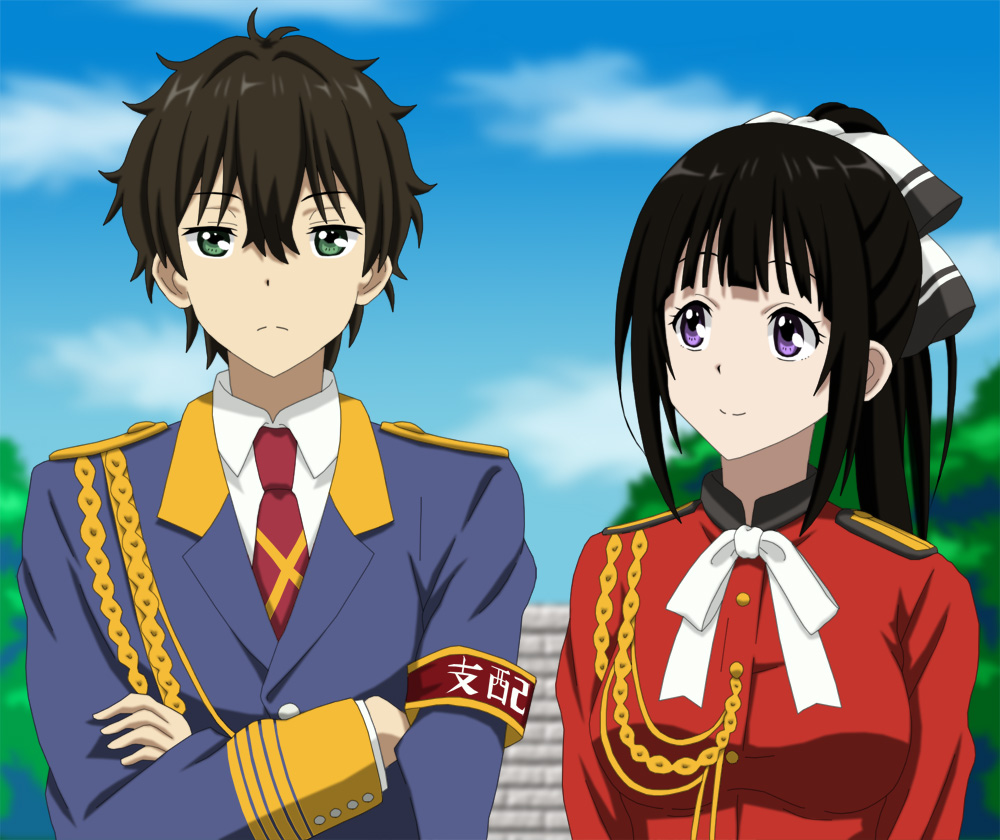 1boy, 1girl, aiguillette, amagi_brilliant_park, black_hair, brown_hair, chitanda_eru, company_connection
