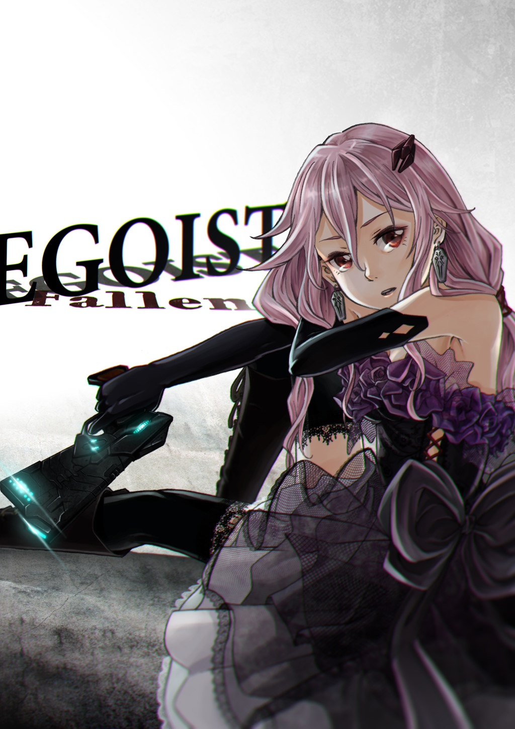 10s, 1girl, bare_shoulders, black_thighhighs, breasts, cleavage, detached_sleeves, elbow_gloves, female_focus, fingerless_gloves, gloves, guilty_crown, hair_ornament, hairclip, highres, kannagi_yuu_(n_jack8888), long_hair, looking_at_viewer, open_mouth, pink_hair, psycho-pass, red_eyes, sitting, solo, thighhighs, twintails, weapon, yuzuriha_inori