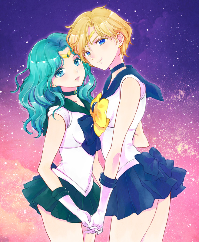 2girls, aqua_eyes, aqua_hair, aqua_skirt, bad_id, bad_pixiv_id, bishoujo_senshi_sailor_moon, blonde_hair