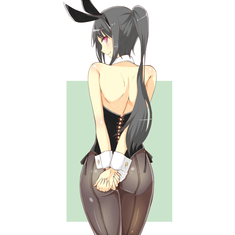 1girl, animal_ears, arms_behind_back, ass, back, back-seamed_legwear, black_hair, cowboy_shot