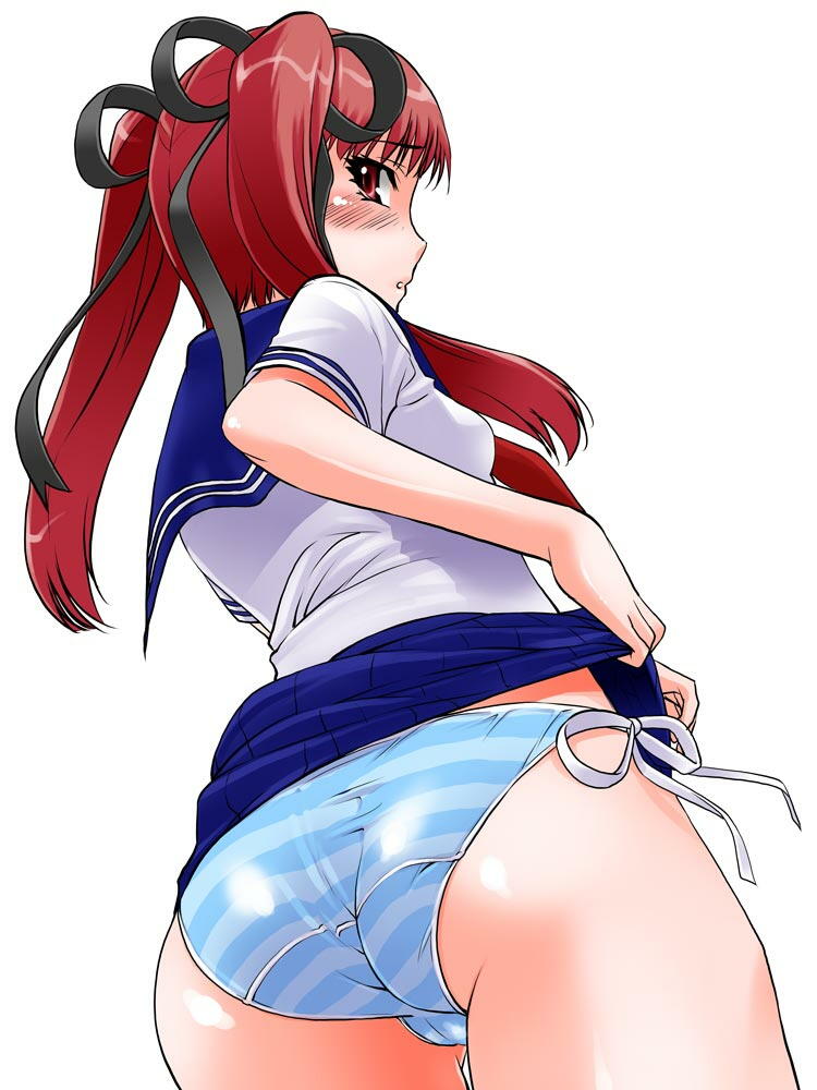 1girl, ass, back, blue_panties, blush, clothes_lift, female_focus, hair_ribbon, konoe_sunao, lifting_own_clothes, long_hair, looking_back, miniskirt, panties, pleated_skirt, red_eyes, red_hair, ribbon, school_uniform, serafuku, shinama, side-tie_panties, skirt, skirt_lift, solo, standing, striped_clothes, striped_panties, tsuyokiss, twintails, underwear