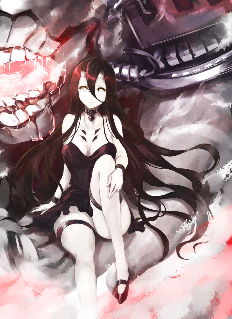 10s, 1girl, abyssal_ship, bare_shoulders, battleship_princess, black_dress, black_hair, breasts