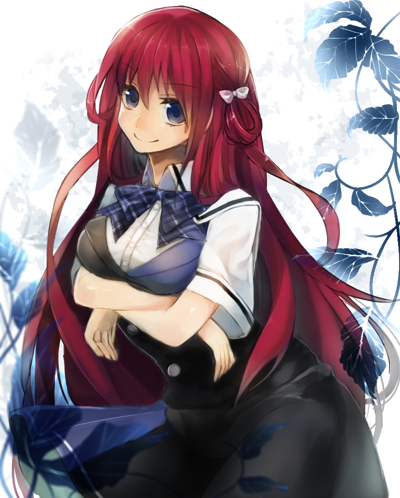 10s, 1girl, bad_id, bad_pixiv_id, blue_eyes, bow, breast_hold, breasts