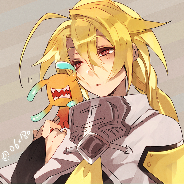 1girl, ahoge, bad_id, bad_twitter_id, blazblue, blonde_hair, blush, bodysuit