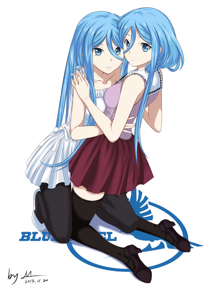 10s, 2girls, absurdres, alternate_hairstyle, aoki_hagane_no_arpeggio, atago_(aoki_hagane_no_arpeggio), blue_eyes, blue_hair