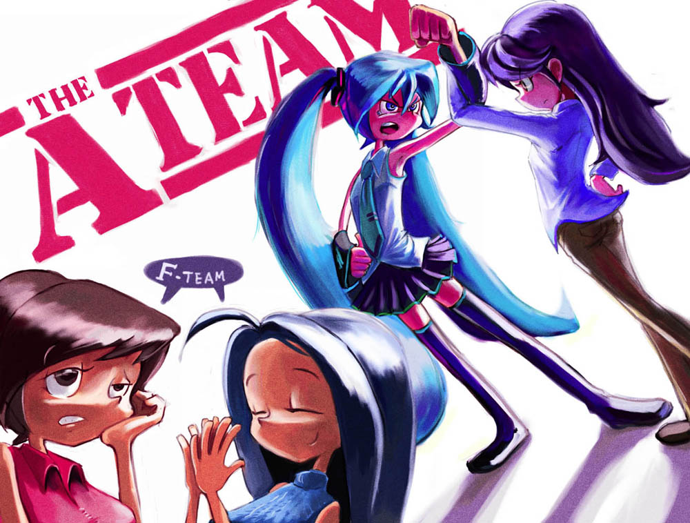 4girls, ahoge, aqua_eyes, aqua_hair, blue_hair, brown_eyes, hatsune_miku, idolmaster