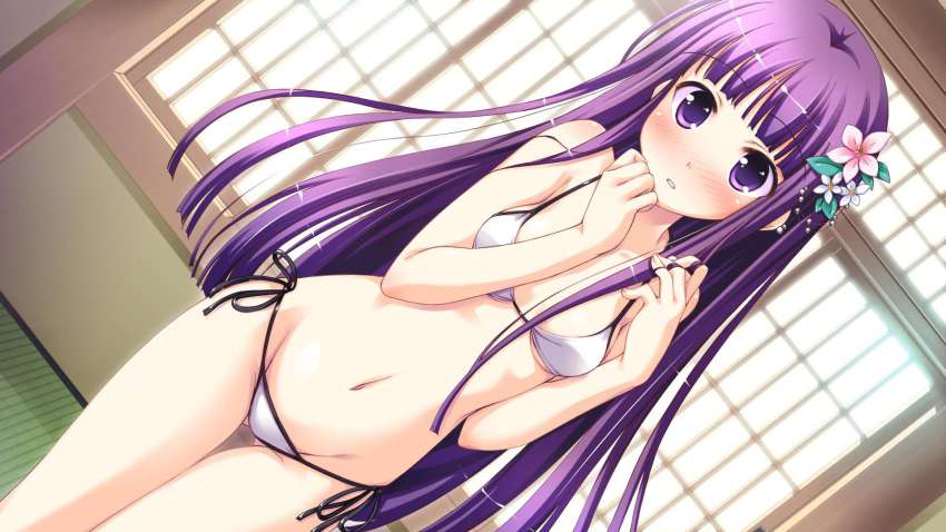 1girl, bare_shoulders, bikini, blush, dutch_angle, female_focus, flower, game_cg, groin, hair_flower, hair_ornament, highres, indoors, iro_ni_ide_ni_keri_waga_koi_wa, ko~cha, long_hair, navel, parted_lips, purple_eyes, purple_hair, shiny_skin, side-tie_bikini_bottom, solo, swimsuit, tenjou_kikyou, thigh_gap, very_long_hair, white_bikini