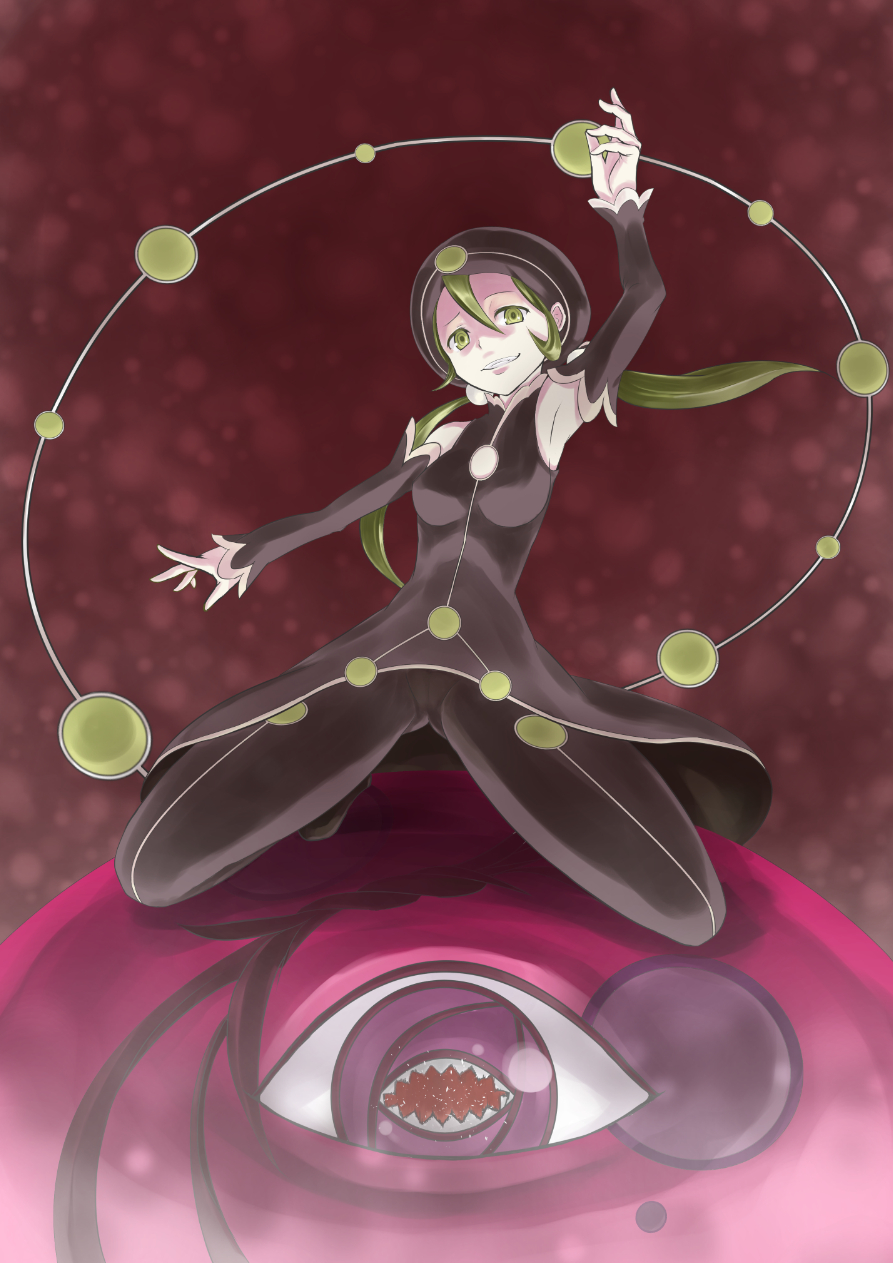 10s, 1girl, elbow_gloves, female_focus, gloves, green_eyes, green_hair, hat, highres, hijiri_kanna, kneeling, long_hair, magical_girl, mahou_shoujo_kazumi_magica, mahou_shoujo_madoka_magica, matching_hair/eyes, pantyhose, plejaden_von_asunaro, solo, spoilers, twintails, witch_(madoka_magica), yukimura_kaname