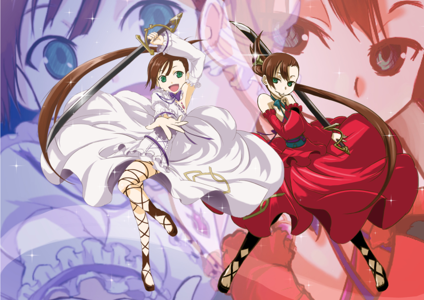 10s, 2girls, bare_shoulders, brown_hair, choker, dress, elbow_gloves, frilled_dress, frills, gloves, green_eyes, highres, long_hair, magical_girl, mahou_shoujo_kazumi_magica, mahou_shoujo_madoka_magica, multiple_girls, ponytail, side_ponytail, souju_ayase, souju_luca, sword, weapon, yukimura_kaname, zoom_layer