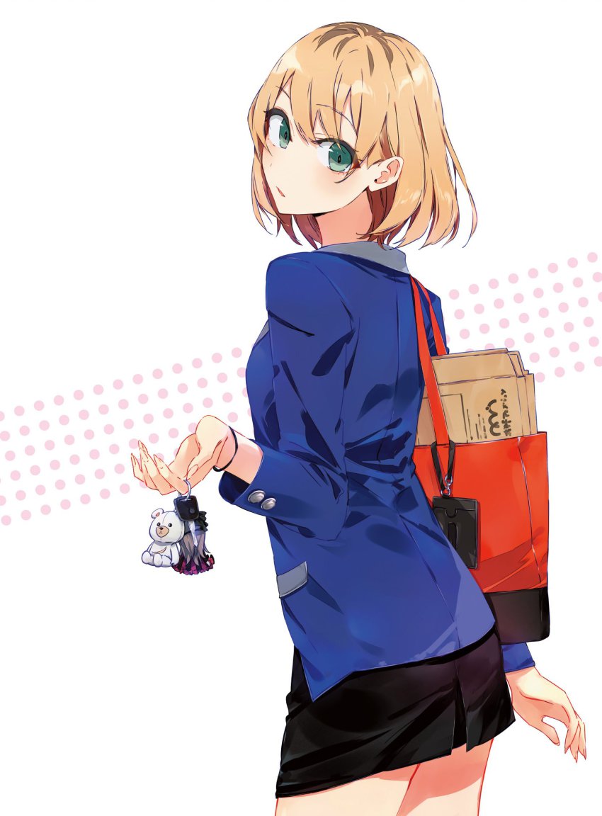 10s, 1girl, aqua_eyes, bag, black_skirt, blazer, blush, bracelet