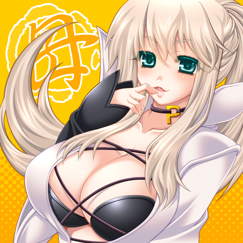 1girl, aqua_eyes, blonde_hair, blush, breasts, choker, cleavage, collarbone