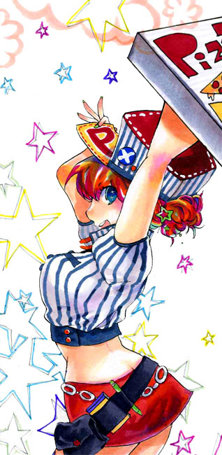 belt, food, hat, original, pizza, skirt, solo, tsubasa_(artist)