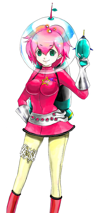 energy_gun, green_eyes, gun, helmet, original, pink_hair, ray_gun, science_fiction