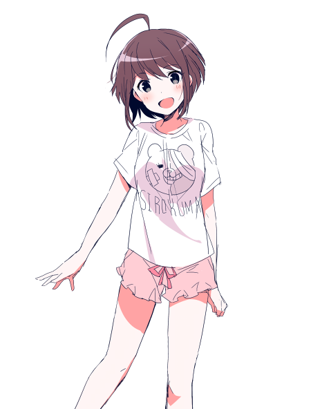 10s, 1girl, :d, ahoge, alternate_costume, bad_id, bad_pixiv_id, brown_eyes, brown_hair, clothes_writing, danganronpa_(series), danganronpa_another_episode:_ultra_despair_girls, female_focus, mizuki_(koko_lost), monokuma, naegi_komaru, open_mouth, shirokuma_(danganronpa), shirt, short_hair, sketch, smile, solo, t-shirt, white_background