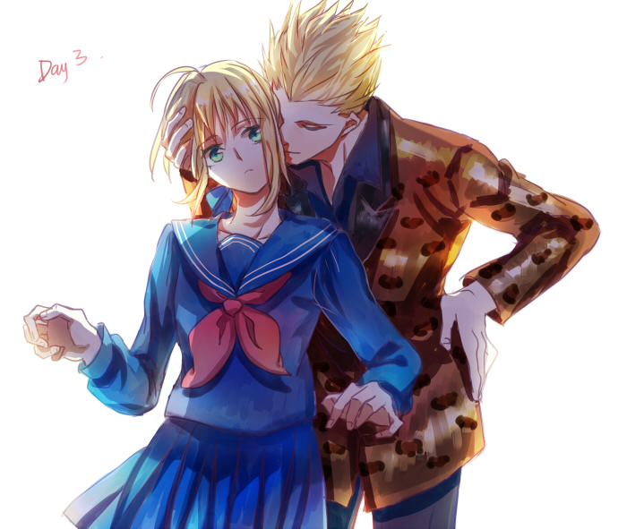 10s, 1boy, 1girl, ahoge, animal_print, artoria_pendragon_(fate), bad_id, bad_pixiv_id