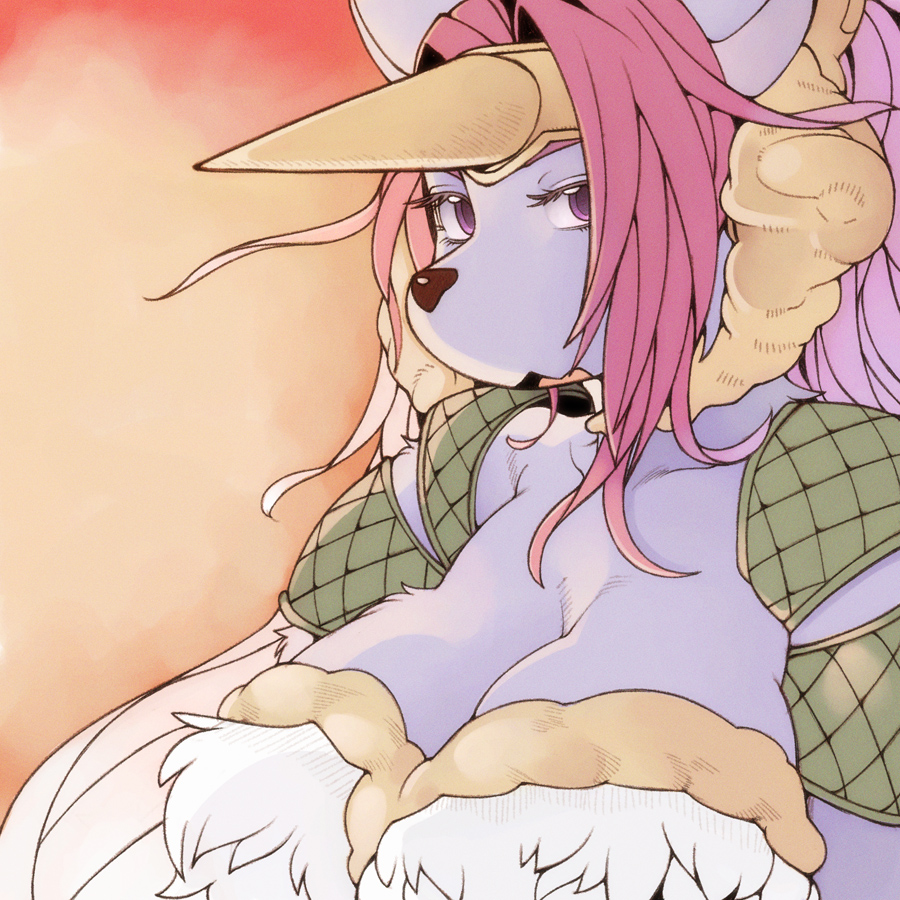 1girl, animal_ears, breasts, cleavage, colored_skin, fake_horns, female_focus, forehead_protector, furry, furry_female, horns, large_breasts, legend_of_mana, long_hair, purple_eyes, purple_skin, red_hair, seiken_densetsu, shoulder_pads, sierra_(lom), sindoll, single_horn, snout, solo, upper_body