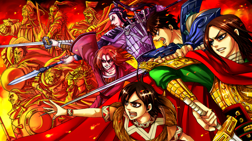 1girl, 6+boys, armor, beard, black_hair, bow_(weapon), cape, choutou_(kingdom)