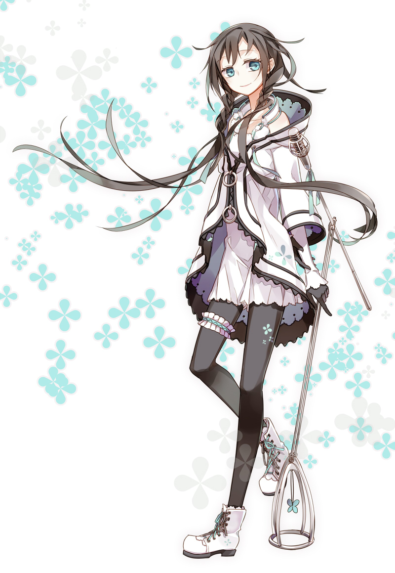 1girl, black_hair, black_pantyhose, donut_(artist), female_focus, headphones, headphones_around_neck, long_hair