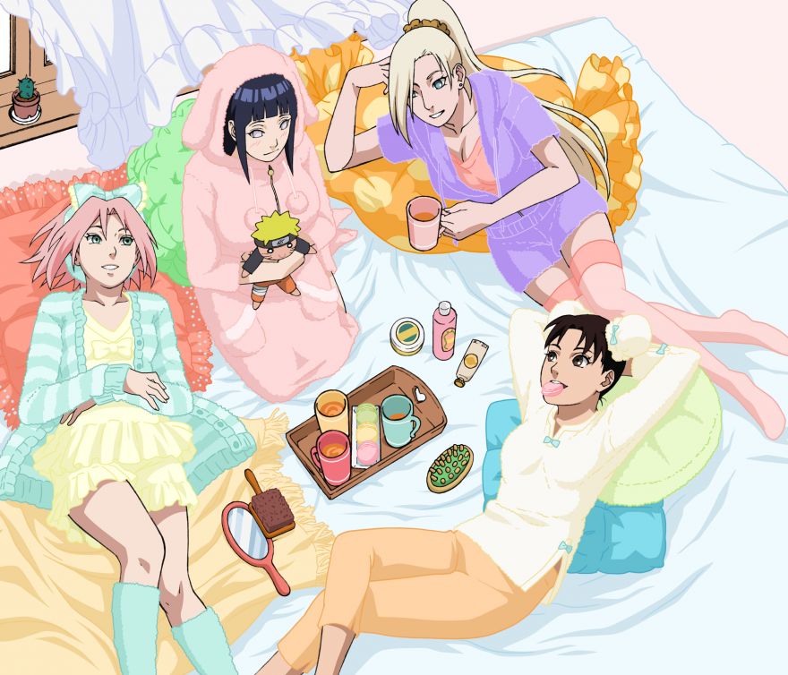 4girls, bed, blonde_hair, bow, brown_hair, brush, cleaned, cup, doll, double_bun, haruno_sakura, hyuuga_hinata, lying, macaroon, mirror, mug, multiple_girls, naruto_(series), naruto_shippuuden, official_art, pajamas, pillow, pink_hair, ponytail, purple_hair, tenten_(naruto), thighhighs, tray, uzumaki_naruto, yamanaka_ino