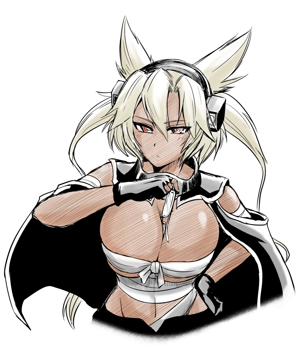 10s, 1girl, between_breasts, breasts, capelet, dark-skinned_female, dark_skin, female_focus