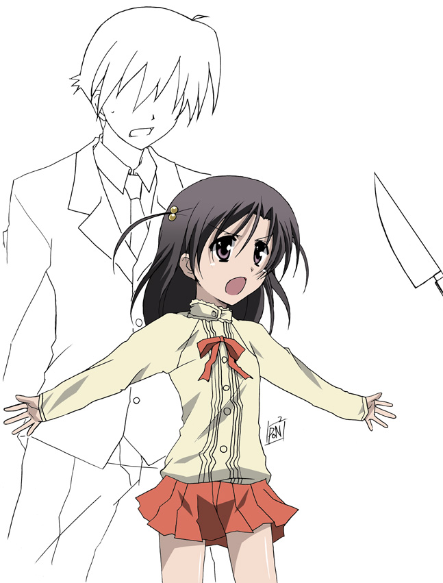 00s, 1boy, 1girl, bow, bowtie, brown_eyes, brown_hair, dagger, evil_smile, formal_clothes, hidden_eyes, itou_makoto_(school_days), katsura_kokoro, knife, long_sleeves, miniskirt, outstretched_arms, pleated_skirt, ponpon, red_bow, red_bowtie, red_skirt, school_days, simple_background, skirt, smile, solo_focus, suit, weapon, white_background