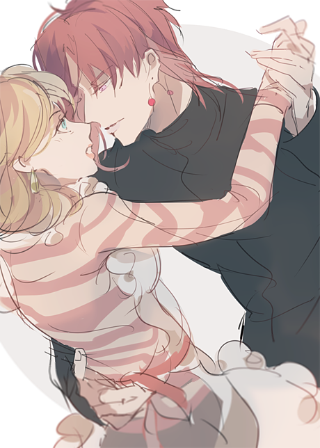 1boy, 1girl, apron, bad_id, bad_pixiv_id, brown_hair, dancing, hetero, himishiro, jojo_no_kimyou_na_bouken, kakyoin_noriaki, kakyoin_the_milf_hunter, kuujou_holly, pink_hair, red_hair, shirt, sketch, striped_clothes, striped_shirt