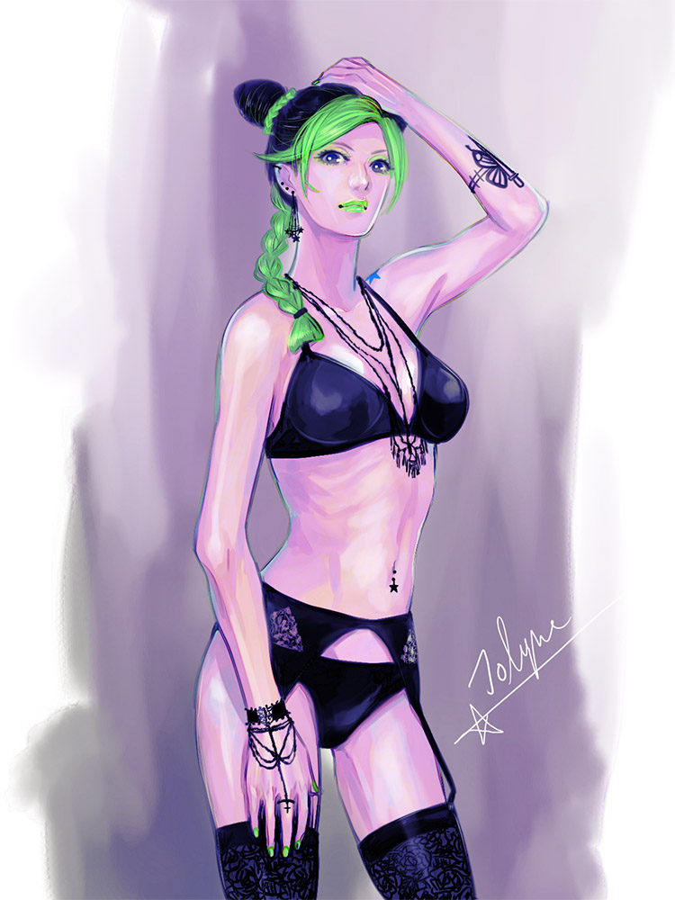 1girl, bikini, black_bikini, black_hair, blue_eyes, cone_hair_bun, double_bun, female_focus, green_hair, hair_bun, jojo_no_kimyou_na_bouken, kuujou_jolyne, multicolored_hair, outlawlaw, solo, swimsuit, two-tone_hair