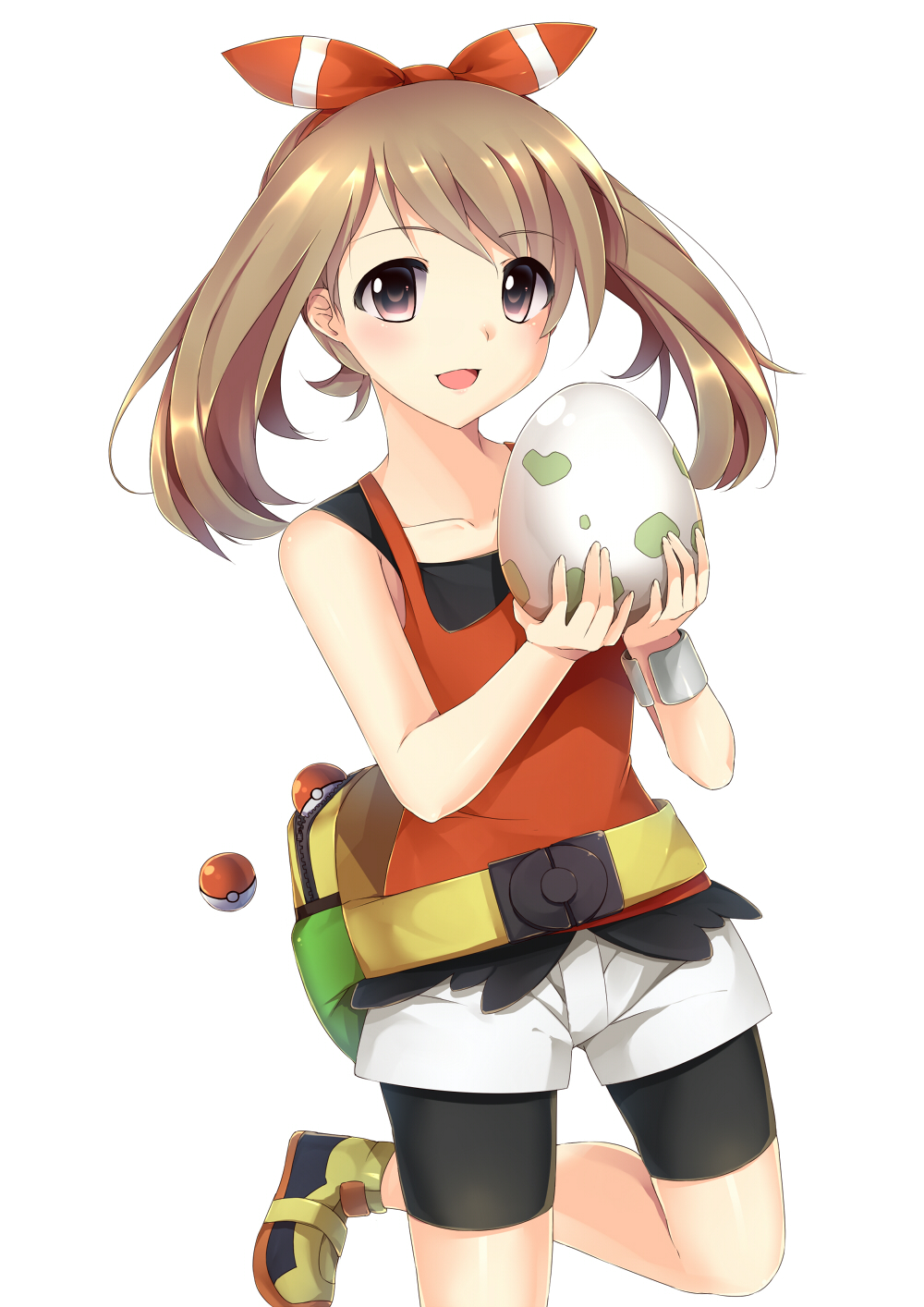 10s, 1girl, bare_shoulders, bike_shorts, brown_eyes, brown_hair, egg, female_focus, highres, may_(pokemon), may_(pokemon_oras), natsume_kei, nintendo, poke_ball, poke_ball_(basic), pokemon, pokemon_omega_ruby_and_alpha_sapphire, shorts, solo