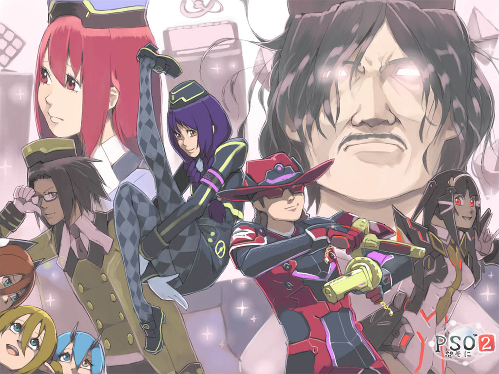 akinbo_(hyouka_fuyou), bad_id, bad_pixiv_id, blue_hair, blush, cameo_(pso2), chroto_(pso2), copyright_name, dual_wielding, dudu_(pso2), faina_(pso2), glasses, gloves, gun, handgun, hat, holding, io_(pso2), lisa_(pso2), monica_(pso2), multiple_boys, multiple_girls, pantyhose, patty_(pso2), phantasy_star, phantasy_star_online_2, purple_hair, red_eyes, red_hair, tear_(pso2), weapon, white_gloves