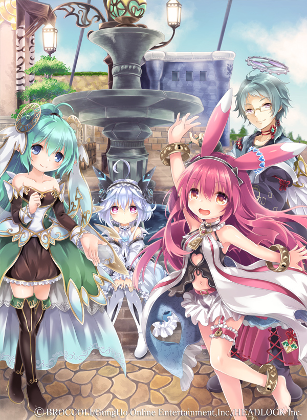 1boy, 3girls, :d, ahoge, animal_ears, bad_id, bad_pixiv_id, copyright_notice, detached_sleeves, emil_chronicle_online, feathered_wings, glasses, green_hair, grey_eyes, hair_ornament, hairband, halo, horns, kona_(canaria), long_hair, maid_headdress, mitama_aria, mitama_hisui, mitama_lilie, mitama_nanai, multiple_girls, navel, official_art, open_mouth, purple_eyes, purple_hair, rabbit_ears, short_hair, sitting, smile, thighhighs, white_hair, white_wings, wings
