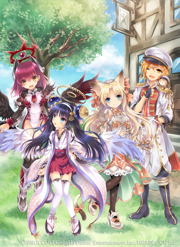 1boy, 3girls, :d, ;d, animal_ears, bad_id, bad_pixiv_id, black_hair, black_legwear, black_wings, blonde_hair, blue_eyes, brown_eyes, cat_ears, cat_tail, emil_chronicle_online, feathered_wings, hair_ornament, hairband, halo, hat, kona_(canaria), military, military_uniform, mitama_celes, mitama_elise, mitama_forte, mitama_ruri, multiple_girls, naval_uniform, nontraditional_miko, official_art, one_eye_closed, open_mouth, orange_eyes, orange_hair, peaked_cap, pleated_skirt, red_hair, skirt, smile, stuffed_animal, stuffed_dog, stuffed_toy, tail, thighhighs, white_legwear, white_wings, wings, zettai_ryouiki