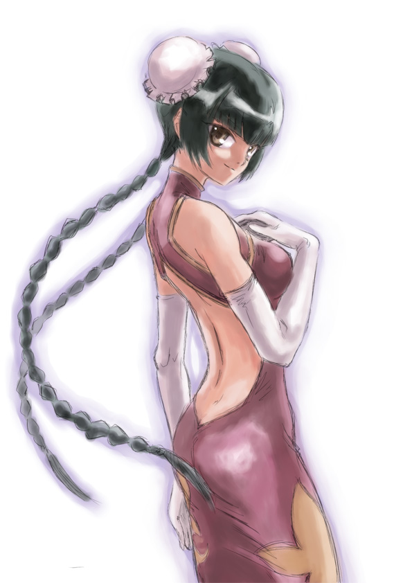 00s, 1girl, ass, backless_outfit, bun_cover, butt_crack, china_dress, chinese_clothes