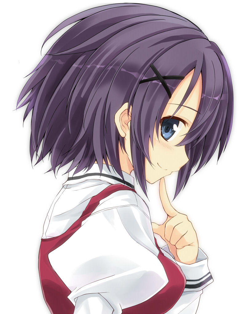 1girl, blue_eyes, close-up, female_focus, finger_to_face, hair_ornament, hairclip, looking_at_viewer