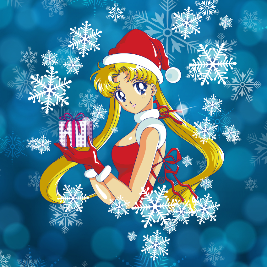 1girl, absurdres, bishoujo_senshi_sailor_moon, blonde_hair, blue_background, blue_eyes, box, christmas