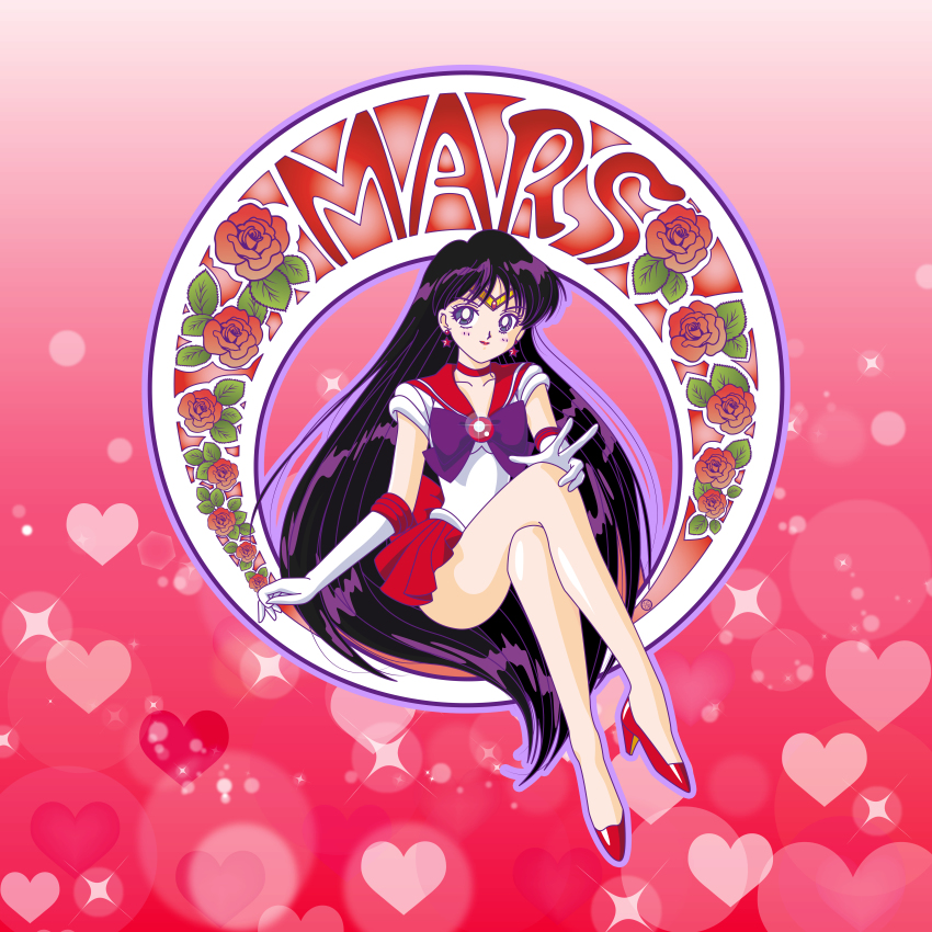 1girl, absurdres, art_nouveau, bishoujo_senshi_sailor_moon, blue_eyes, character_name, choker, crossed_legs, earrings, female_focus, flower, gloves, heart, heart_background, high_heels, highres, hino_rei, jewelry, long_hair, purple_hair, red_background, riccardo_bacci, sailor_mars, smile, solo, star_(symbol), star_earrings, white_gloves