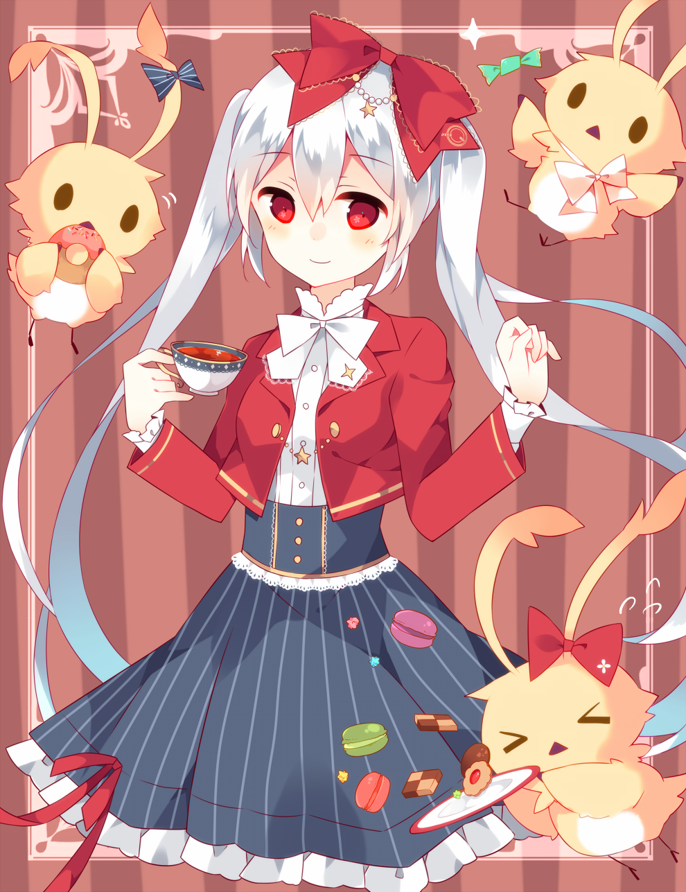 1girl, alternate_costume, alternate_hairstyle, bird, bow, casual, cup, hair_bow