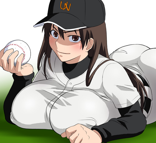 00s, 1girl, ass, ball, baseball, baseball_(object), baseball_cap, baseball_uniform, blush, breasts, clothes_writing, female_focus, hat, huge_ass, huge_breasts, lowres, lying, momoe_maria, on_stomach, ookiku_furikabutte, solo, sportswear, tetrodotoxin, thighs, wide_hips