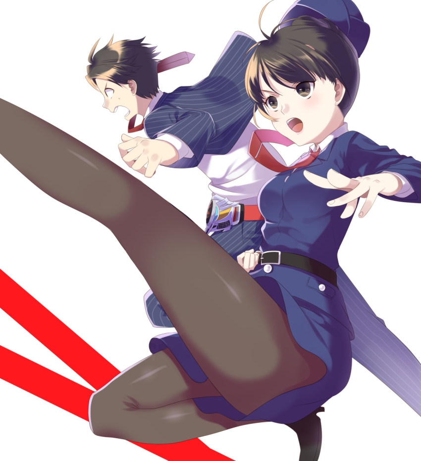 1boy, 1girl, bad_id, bad_pixiv_id, black_hair, formal_clothes, highres, kamen_rider, kamen_rider_drive_(series), necktie, pantyhose, police, police_uniform, shibanashi_miso, shijima_kiriko, short_hair, skirt, suit, tomari_shinnosuke, una
