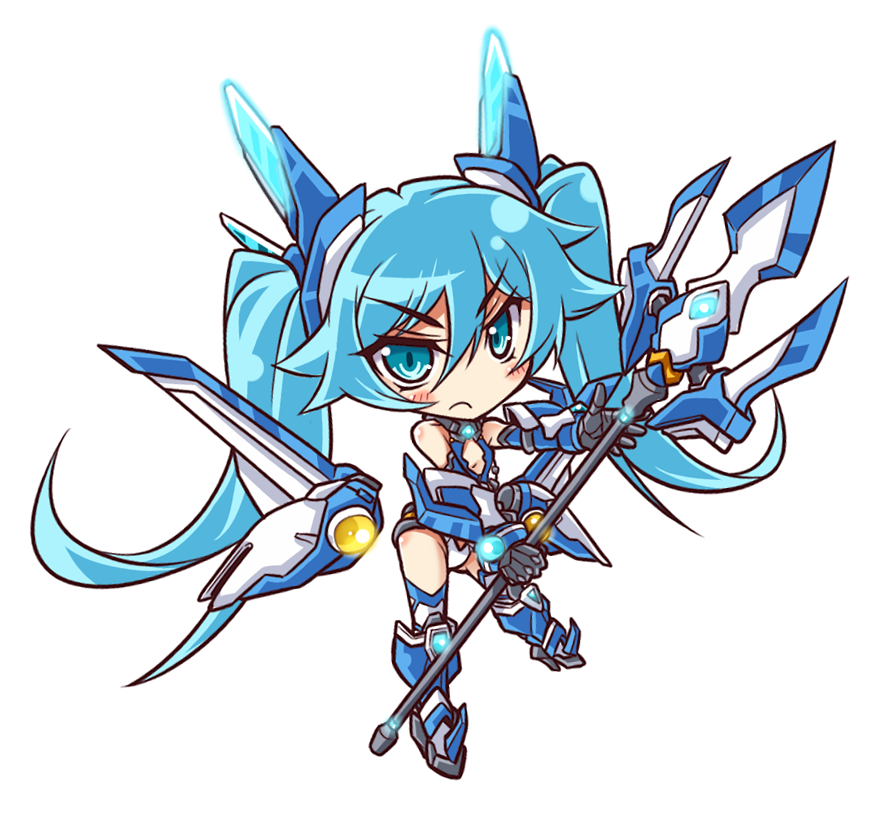 1girl, armor, blue_boots, blue_eyes, blue_hair, boots, chibi, cleavage_cutout
