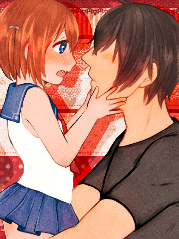 1boy, 1girl, black_hair, blue_eyes, blush, brown_hair, child, denki-gai_no_hon'ya-san, fu-girl, open_mouth, school_uniform, sharp_teeth, short_hair, skirt, sommelier_(denki-gai), teeth