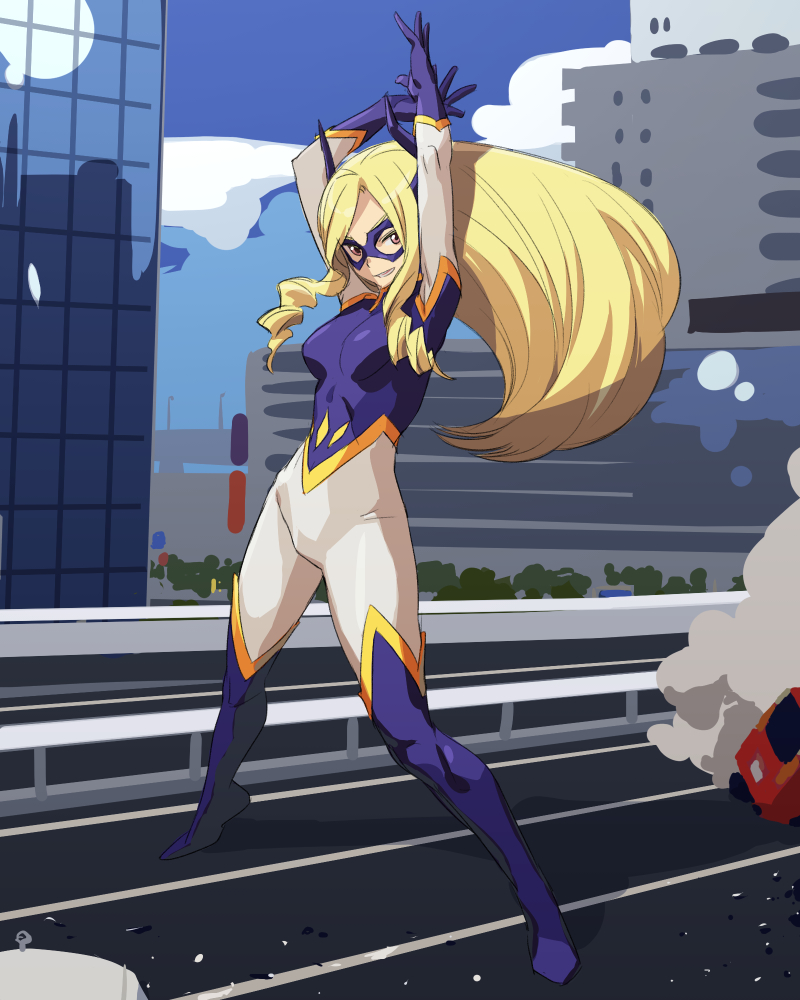 10s, 1girl, arms_up, blonde_hair, blue_sky, bodysuit, boku_no_hero_academia, boots, breasts, brown_eyes, building, car, city, cloud, domino_mask, eye_mask, facing_viewer, female_focus, giant, giantess, gloves, grin, happy, horns, long_hair, looking_at_viewer, mask, medium_breasts, meranie, motor_vehicle, mount_lady, outdoors, parted_lips, road, size_difference, skin_tight, sky, smile, smoke, solo, standing, street, superhero_costume, teeth, thigh_boots, thighhighs