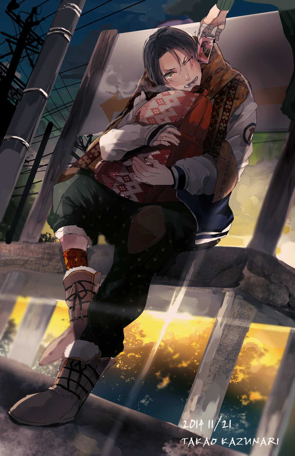 10s, 1boy, 2014, ;d, arrow_(symbol), bad_id, bad_pixiv_id, bag