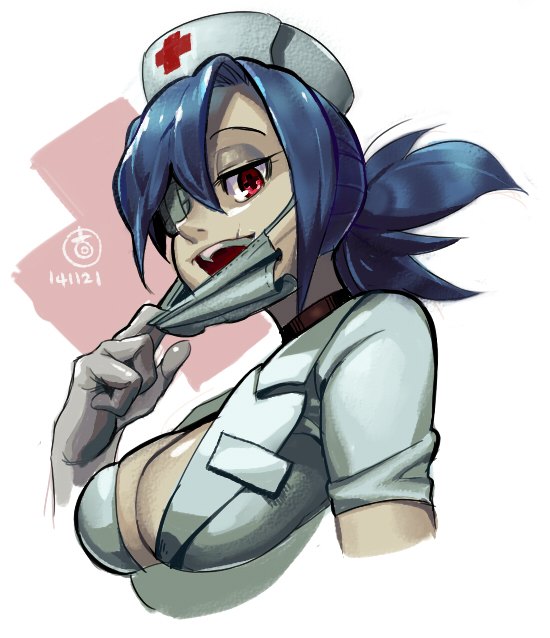 1girl, artist_request, blue_hair, breasts, cleavage, eun_dari, eyepatch, female_focus, gloves, hat, large_breasts, latex, latex_gloves, mask, mouth_mask, nurse, nurse_cap, ponytail, red_eyes, scar, skullgirls, solo, surgical_mask, valentine_(skullgirls), white_gloves