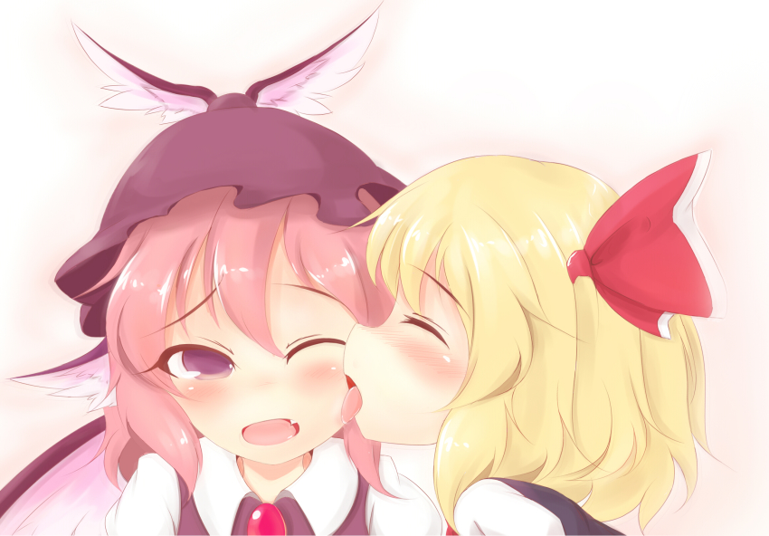 2girls, ayatori_(aytr), bird_ear, bird_wings, blonde_hair, blush, bow, licking_another's_cheek, closed_eyes, licking_another's_face, hair_bow, hat_feather, highres, licking, multiple_girls, mystia_lorelei, one_eye_closed, pink_eyes, pink_hair, rumia, touhou, wings, yuri