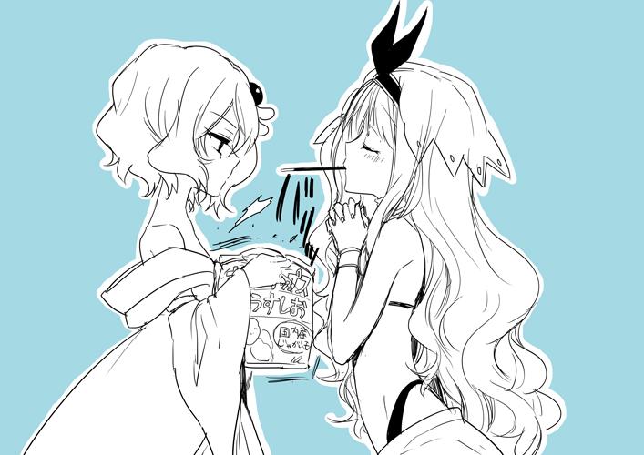 10s, 2girls, ^^^, bag, blue_background, blush, chips_(food), closed_eyes