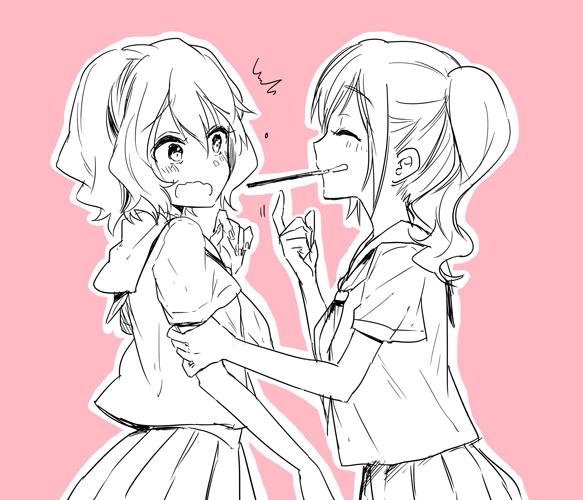 10s, 2girls, ^^^, ^_^, arm_grab, blush, closed_eyes, food, from_side, jpeg_artifacts, mizushima_kiyoi, mouth_hold, multiple_girls, open_mouth, pink_background, pocky, pocky_day, pocky_kiss, profile, sakaguchi_ayumi, school_uniform, selector_wixoss, serafuku, shared_food, sharing_food, short_hair, side_ponytail, simple_background, sketch, skirt, smile, suzuki_manatsu, wavy_mouth, wixoss, yuri